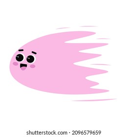 Cute flying monster with happy face emotion. Bizzare kind ghost character in flat style. Adorable childish creature in pastel pink color. Hand drawn comic beast isolated on white background