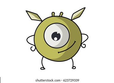 Cute Flying Monster Happy. Vector Illustration. Isolated on white background.