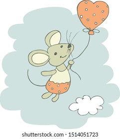 Cute flying mouse with balloon. Hand drawn illustration. Good for invitation, Birthday card, kids clothes, textile, fabric - Vector