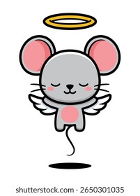 Cute Flying Mouse Cartoon Character With Angel Wings And Ring