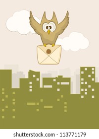 Cute flying owl with a letter to the city