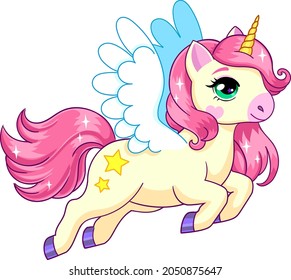 Cute flying pegasus with pink mane. Fantasy vector illustration isolated on white