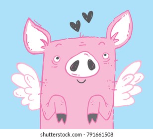 Cute Flying Pig Illustration. Vector File. 