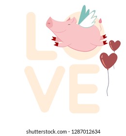 cute flying pig, vector illustration