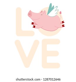 cute flying pig, vector illustration