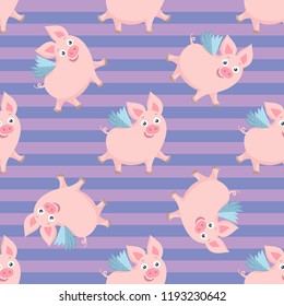 Cute flying pigs seamless pattern. Colorful vector background 
