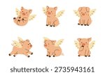 Cute flying pigs with white wings. Adorable fantasy farm animal vector illustration in playful style for kids