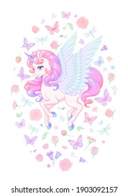 Cute flying pink unicorn surrounded with flowers and butterflies. Vertical vector illustration isolated on white background.