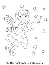 Cute flying princess fairy black and white coloring pages, Vector cartoon illustration.