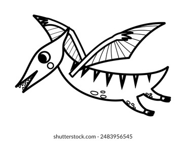 Cute flying pterodactyl in black and white isolated element. Funny dinosaur with wings of jurassic period for kids design. Prehistorical dino clipart in outline. Vector illustration 