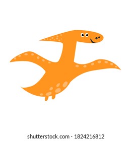Cute flying pterosaur in cartoon style. Funny dinosaur isolated element for kids design. Pterodactyl dino isolated on white background. Vector illustration 