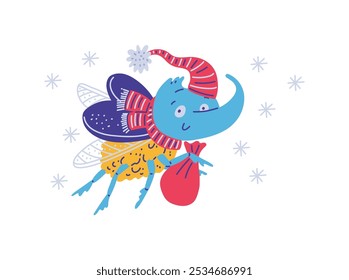 Cute flying Rhinoceros beetle with red bag, hat and scarf, falling snowflakes. Cartoon smiling rhino beetle insect on Christmas celebration. Vector scarab beetle winter holiday