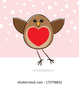 Cute Flying Robin Red Heart shape on Breast with snow falling on Pink Sky Background.