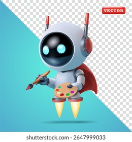 Cute flying robot holding paint brush and palette, 3d vector. Suitable for technology and business