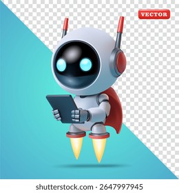 Cute flying robot using tablet, 3d vector. Suitable for technology and business