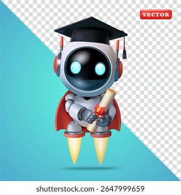 Cute flying robot wearing graduation hat and holding certificate roll, 3d vector. Suitable for technology, business and education
