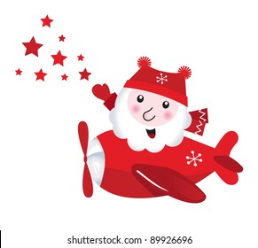 Cute flying Santa touching christmas Stars isolated on white