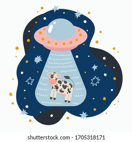 Cute Flying Saucer Abduction A Cow. Hand Drawn Doodle UFO In Night Sky. Vector Illustration.