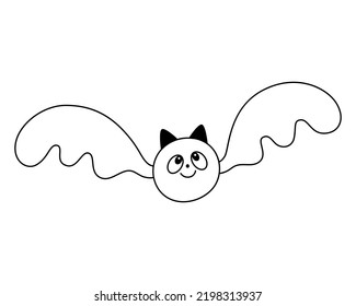 Cute flying smiling bat with open wings.Doodle style.Outline.Isolated on white background.
