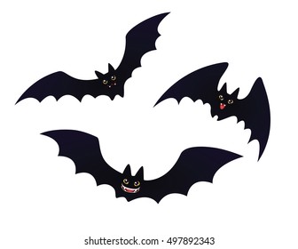 Cute flying and smiling Bats. Set of funny bats for Halloween in flat cartoon style isolated on a white background. Vector illustration.  Element for your design, print and artwork.