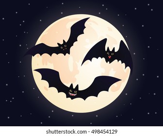 Cute flying and smiling Bats. Set of funny bats for Halloween in flat cartoon style isolated on a Moon background. Vector illustration.  Element for your design, print and artwork.