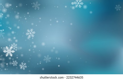 Cute flying snow flakes design. Snowfall dust crystallic granules. Snowfall weather white teal blue backdrop. Filigree snowflakes december texture. Snow nature landscape.
