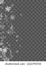 Cute flying snowflakes backdrop. Wintertime fleck freeze particles. Snowfall sky white transparent illustration. Shimmering snowflakes january texture. Snow nature scenery.