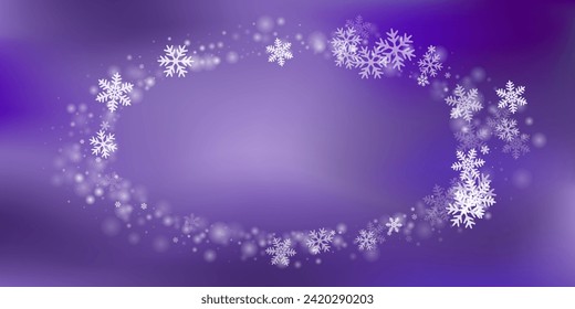Cute flying snowflakes backdrop. Wintertime fleck freeze elements. Snowfall weather white purple pattern. Filigree snowflakes february theme. Snow cold season landscape.