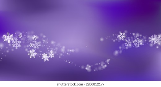 Cute flying snowflakes pattern. Snowstorm fleck freeze elements. Snowfall weather white purple wallpaper. Many snowflakes december vector. Snow cold season scenery.