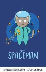 Cute flying Spaceman cat in the open space with stars. Vector flat cartoon illustration