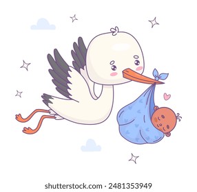 Cute flying stork with black ethnic newborn baby boy. Funny Cartoon bird kawaii character and delivery of infant. Vector illustration. Kids collection