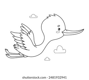 Cute flying stork. Outline cartoon kawaii bird character. Line drawing, coloring book. Vector illustration 