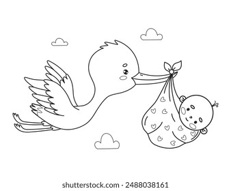 Cute flying stork in sky and newborn baby. Outline cartoon kawaii bird character. Line drawing, coloring book. Vector illustration. Kids collection