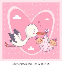 Cute flying stork and two twin newborns girl. Vector illustration. Cool square birthday, Baby shower card. Funny Cartoon bird kawaii and arrival infants. Kids collection 