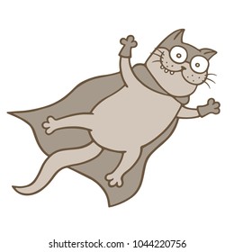 Cute flying super cat in the sky. Funny incredible in costume of superhero character. Vector illustration.