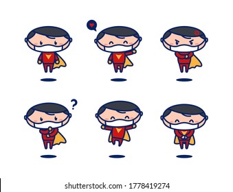 Cute flying super hero cartoon mascot pose set