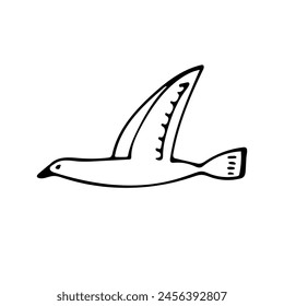 Lindo pájaro delgado volador. Pájaro de mar en estilo escandinavo para el diseño de tarjetas, pegatinas, diseño de niños. Elementos de Vector de línea negra monocromo aislados sobre fondo blanco.