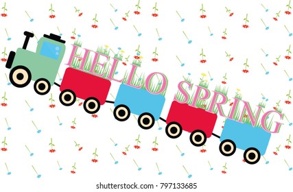Cute flying train carrying a hello spring sign