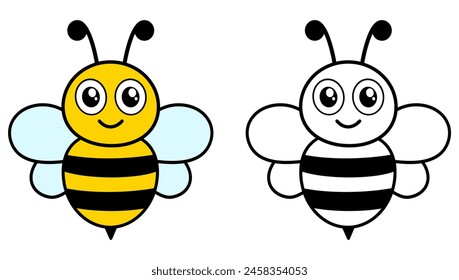 Cute flying two bees. Happy black and white and colorful bumblebee. Vector illustration isolated on white.