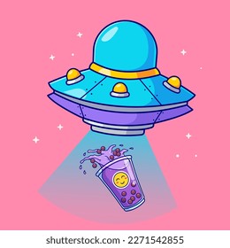 Cute flying ufo catching boba cartoon vector icon illustration science food icon concept