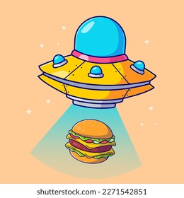 Cute flying ufo catching burger cartoon vector icon illustration science food icon concept
