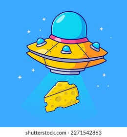 	
Cute flying ufo catching cheese cartoon vector icon illustration science food icon concept