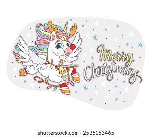 Bonito unicórnio voador. Natal, cartão de X mas, feliz ano novo crianças desenhos animados animal. Ilustração vetorial. Para festival de inverno, celebração, festa, impressão, cartões, convite, sublimação e design de roupas