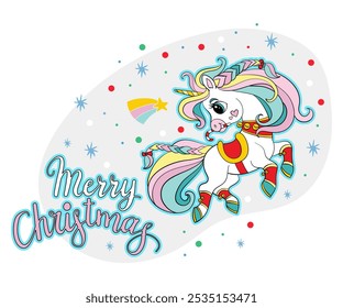 Bonito unicórnio voador. Natal, cartão de X mas, feliz ano novo crianças desenhos animados animal. Ilustração vetorial. Para festival de inverno, celebração, festa, impressão, cartões, convite, sublimação e design de roupas