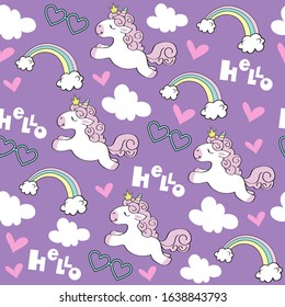 Cute flying unicorn, cloud, rainbow and the inscription hello on a purple background seamless pattern for children. Vector illustration funny animals for birthday