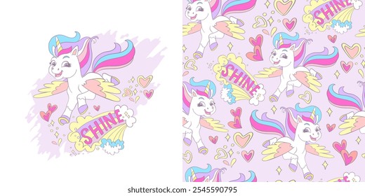 Cute flying unicorn and lettering. Card with magic horse character and background in cartoon style set. Vector illustration and seamless pattern. For clothes design, print, decoration, linen, dishes