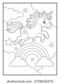 Cute Flying Unicorn over Rainbow Coloring Page for Kids. Magical Fairy Tale Scene with Clouds and Twinkling Stars.
