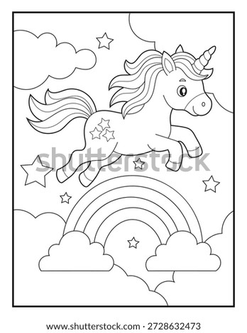 Cute Flying Unicorn over Rainbow Coloring Page for Kids. Magical Fairy Tale Scene with Clouds and Twinkling Stars.
