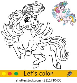 Hermosa princesa Unicornio voladora. Colorear la página del libro con la plantilla de color. Ilustración de dibujos animados. Para los niños colorido, tarjeta, impresión, diseño, decoración y rompecabezas.