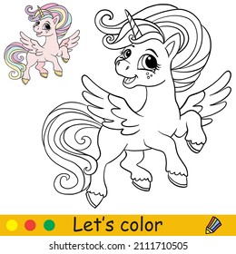 Cute flying Unicorn princess. Coloring book page with color template. Vector cartoon illustration. For kids coloring, card, print, design, decor and puzzle.